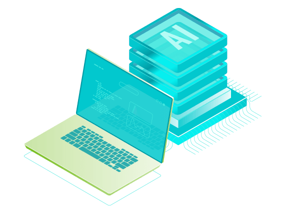 Graphic illustration of a laptop and AI