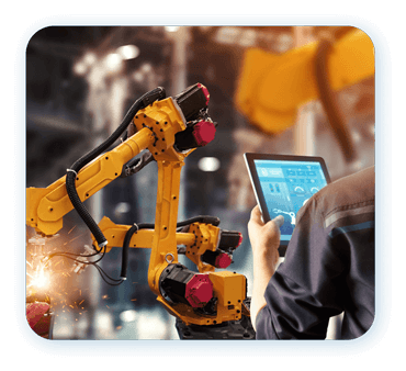 Man operating robotic arm with tablet